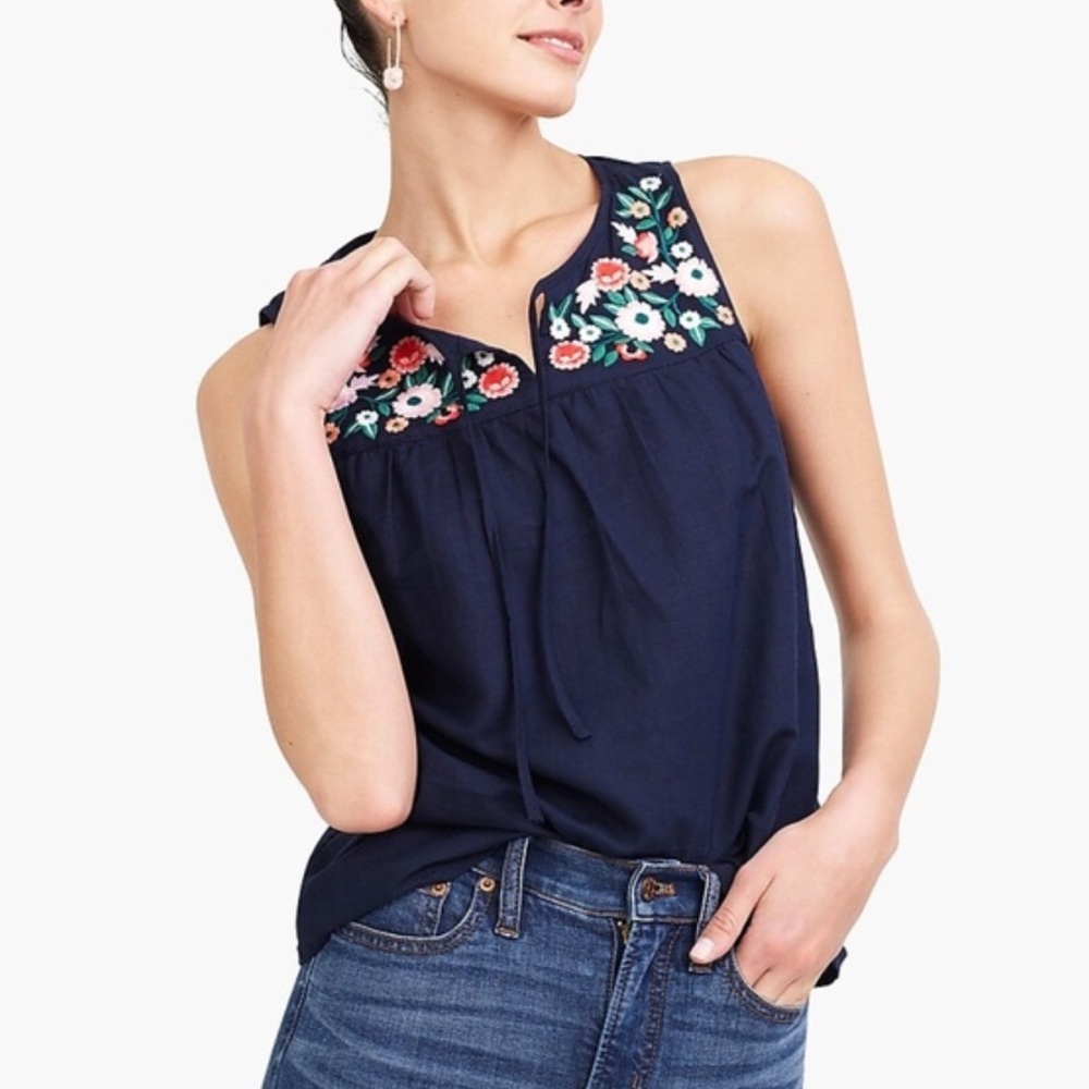 J. Crew Navy Embroidered Tie-Neck Top in Linen-Cotton